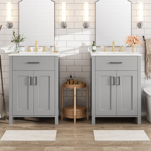English Elm Modern 48 Inch Freestanding Bathroom Vanity Dual Ceramic Sinks Soft Close Gold Handles Grey N729P000008E