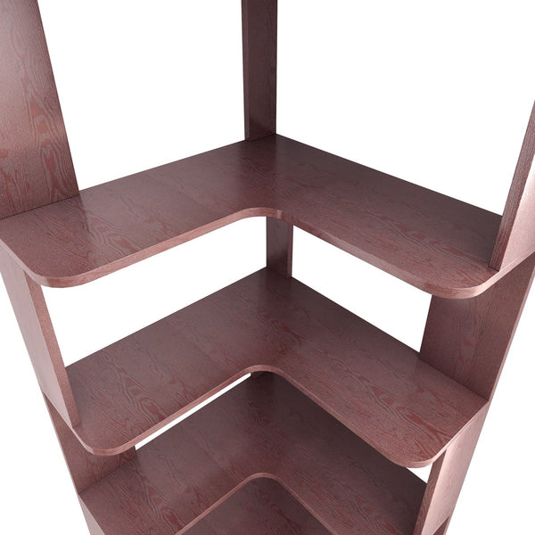 English Elm 6 Tier Freestanding L-Shaped Corner Bookshelf with Anti-Tip, Rounded Corners, 3D Wood Grain Finish Ox Blood Red W2899P372514