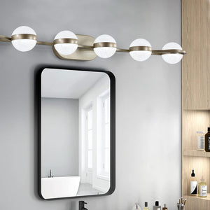 English Elm 43" Champagne Gold LED Bathroom Vanity Light with 6 Crystal Sand Acrylic Globes, Mid-Century Modern Glam W2312P374869