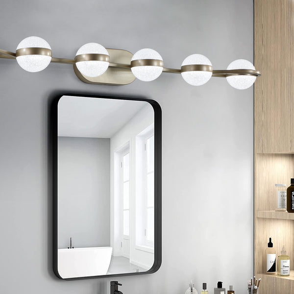 English Elm 43" Champagne Gold LED Bathroom Vanity Light with 6 Crystal Sand Acrylic Globes, Mid-Century Modern Glam W2312P374869
