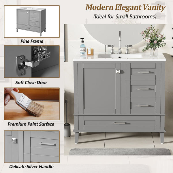 English Elm 36" Grey Bathroom Vanity Solid Pine Frame with Soft-Close Door, 3 Drawers, Ceramic Top, Modern Durability and Storage (36"W) N729P211167E