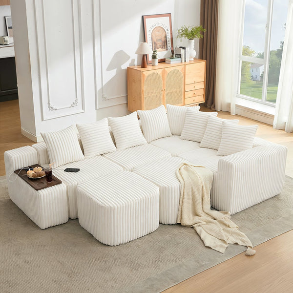 English Elm [new U-shaped Corduroy Sectional with Usb Charging Console and Movable Modules Beige W2108S00176