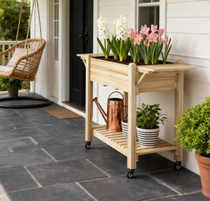English Elm Convenient Carbonized Fir Wood Raised Planter Box with Wheels Side Tables and Storage T3971P423504