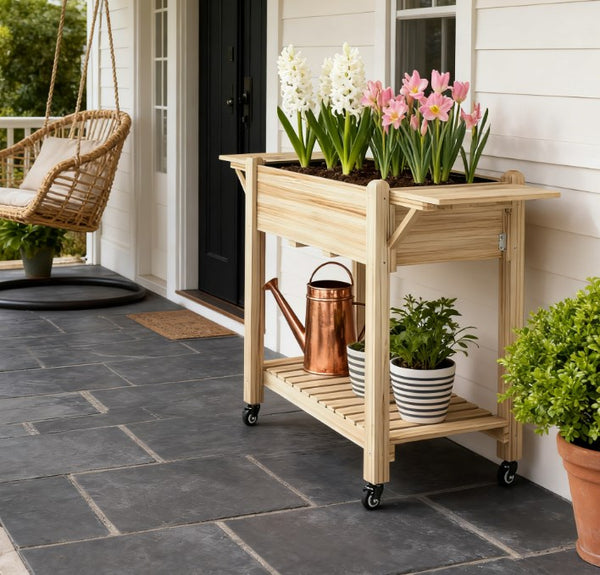 English Elm Convenient Carbonized Fir Wood Raised Planter Box with Wheels Side Tables and Storage T3971P423504