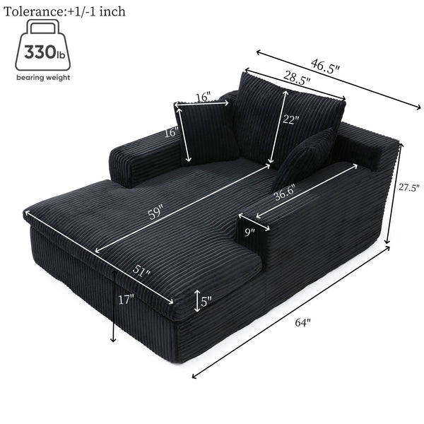 English Elm 64''x46'' Chaise Lounge Chair Oversized Corduroy Faux Fur Cloud Sofa Bed with Ergonomic Pillows & Support Black W1117P283607