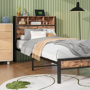 English Elm Twin Metal Platform Bed with Storage Headboard, USB Charging Station, Bookcase Shelves, Rustic Appeal W840P192226