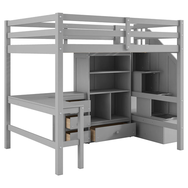 English Elm Full Full Size Loft Bed with L-Shaped Desk, Drawers, Cabinet and Staircase Storage for Space-Saving Rooms Gray GX000469AAE