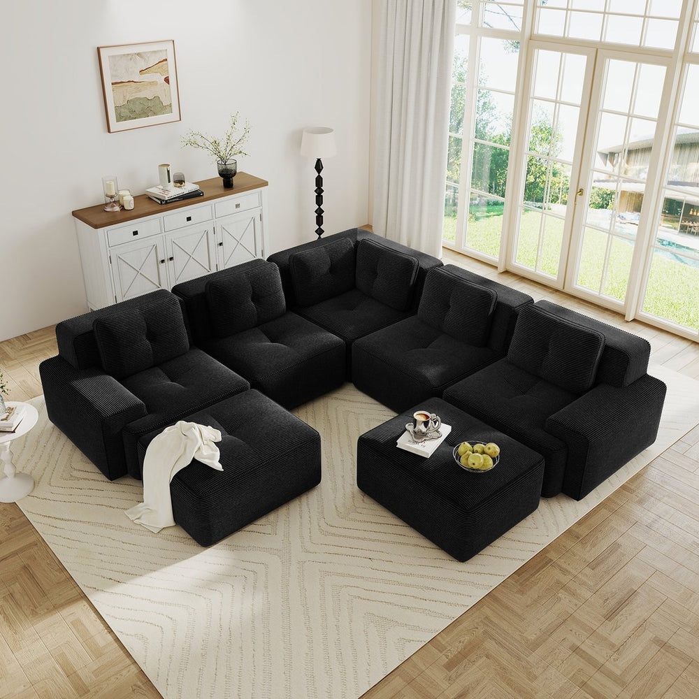 English Elm Modular Corduroy Sectional Sofa V Shaped 5 Seat Living Room Couch with Ottoman Black W714S01586