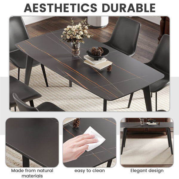 English Elm 62.99" Modern Artificial Stone Dining Table With Black Curved Edge - Seats 6, Sleek Metal Legs W1535S00525