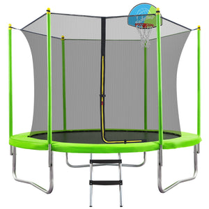 English Elm 10ft Round Kids Outdoor Trampoline with Enclosure Net Ladder and Basketball Hoop MS310683AAF