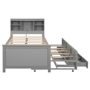 English Elm Twin Platform Bed with Storage Headboard, Pull-Out Trundle & 3 Drawers, USB Ports, Solid Wood Durability Gray GX000715AAE