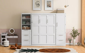 English Elm Queen Murphy Wall Bed with Wardrobe Drawers and Shelves for Studio or Guest Room White LP000865AAK-2