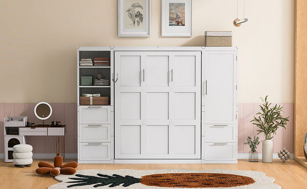 English Elm Queen Murphy Wall Bed with Wardrobe Drawers and Shelves for Studio or Guest Room White LP000865AAK-2