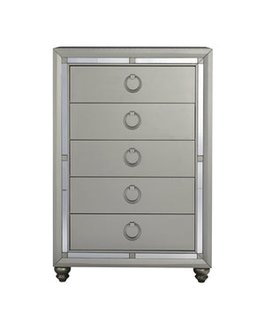 English Elm CHLOE Mirrored Gemstone Silver Chest with Spacious Drawers, Bun Feet and Center Metal Glide Elegance Silver+Grey 36.38 L x 19.75 W x 49.25 H B201P215913