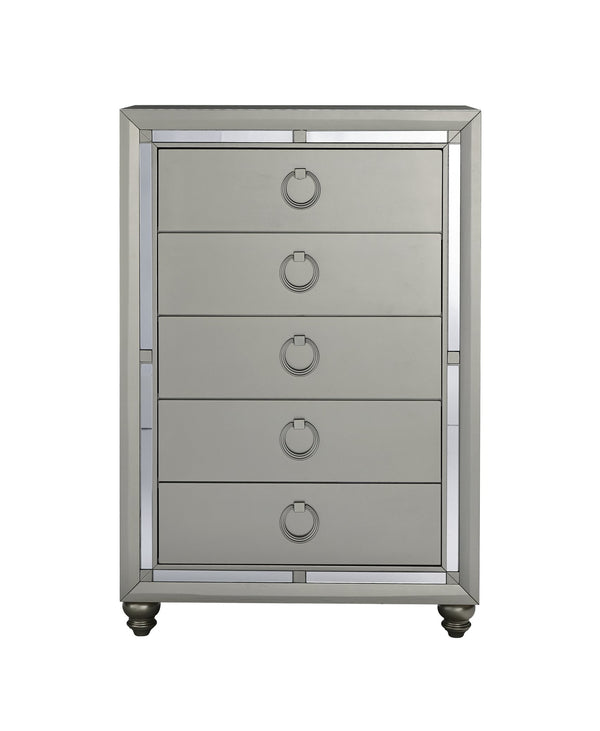 English Elm CHLOE Mirrored Gemstone Silver Chest with Spacious Drawers, Bun Feet and Center Metal Glide Elegance Silver+Grey 36.38 L x 19.75 W x 49.25 H B201P215913