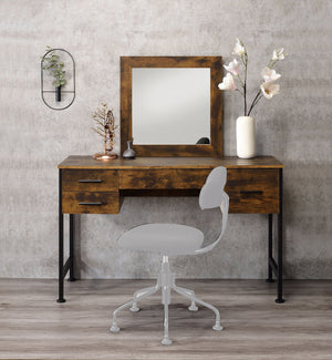 English Elm 4 Rustic Oak Vanity Set with Mirror and 4 Drawers — Industrial Metal Accents, Organized Makeup Storage B016P317100