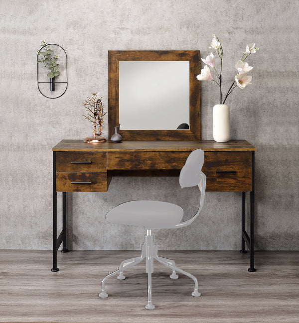 English Elm 4 Rustic Oak Vanity Set with Mirror and 4 Drawers — Industrial Metal Accents, Organized Makeup Storage B016P317100