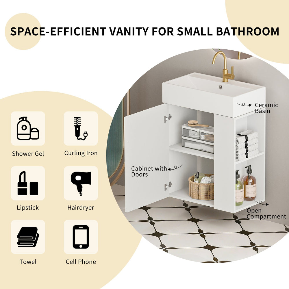 English Elm 21.6" Floating Bathroom Vanity Ceramic Sink Soft Close Door Brushed Copper Hardware White W1920S00196