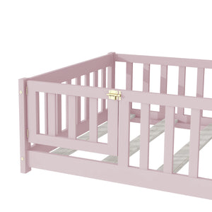 English Elm Twin Low Profile Rubberwood Floor Bed with Full Safety Fence for Toddler Rooms Pink W504P429281
