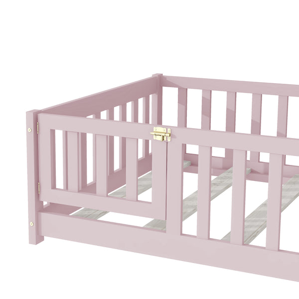 English Elm Twin Low Profile Rubberwood Floor Bed with Full Safety Fence for Toddler Rooms Pink W504P429281