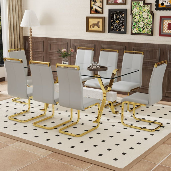 English Elm Table Elegance: 71"X35.4" Clear Glass Dining Set With 8 Light Gray Pu Chairs & Golden Legs W1151S02366-GIGA