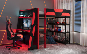 English Elm Full Size Gaming Loft Bed with Led Lighting Desk Shelves and Usb Charging Ports Black+Red N820S00076J