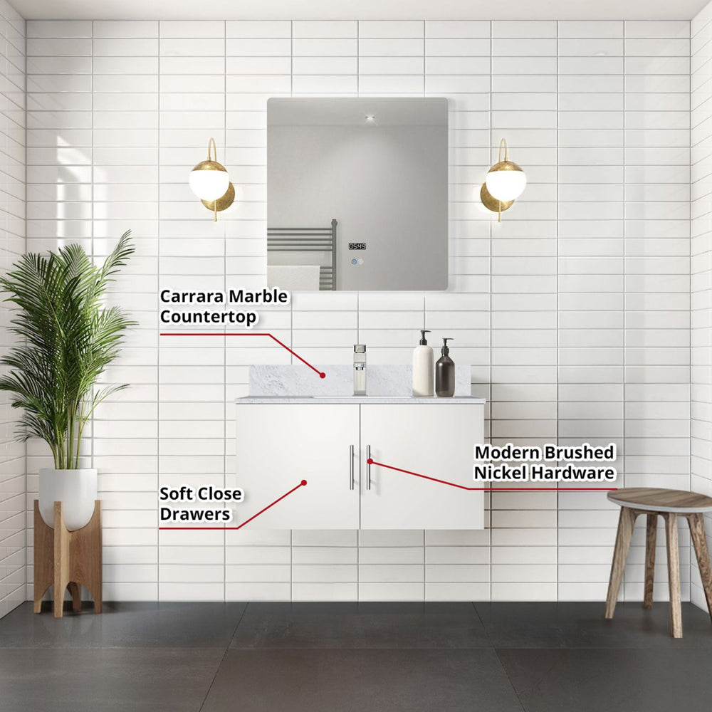English Elm Glossy White Bath Vanity With Carrara Marble Top, Led Mirror & Faucet Set - Modern Style Upgrade B2731S01315