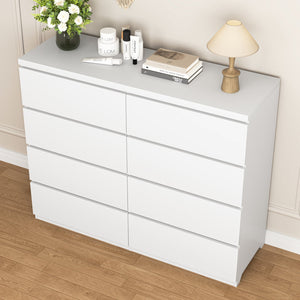 English Elm 8 Drawer Tall Chest Slim Particleboard Build Smooth Gliding Storage for Bedroom Closet White W409S00030