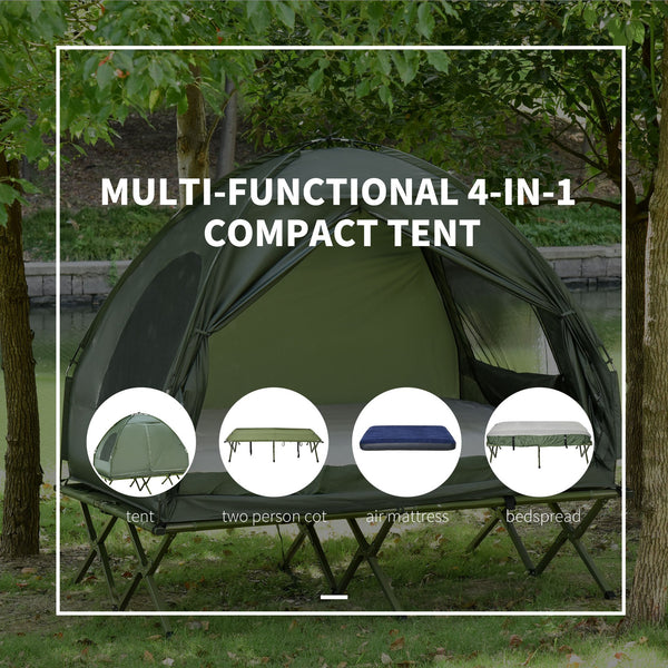 English Elm Outsunny 4-in-1 Elevated Two Person Camping Cot Tent with Air Mattress Outdoor W2225P217035
