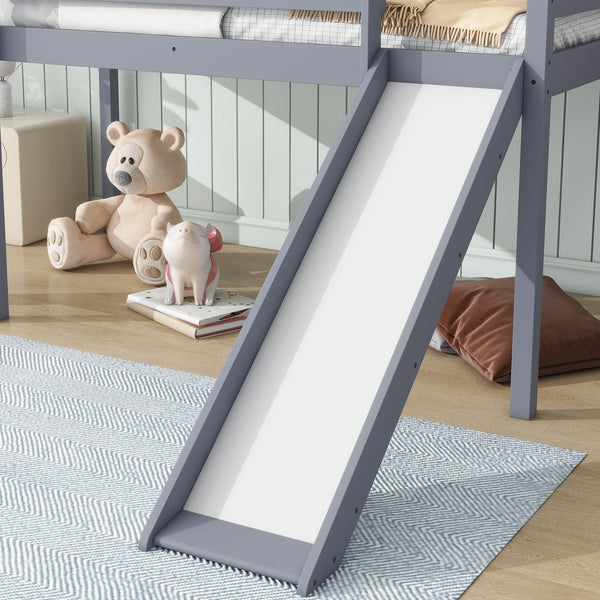 English Elm Twin Low Loft Bed with Slide and Ladder for Kids, Rubberwood Frame, Safety Guardrails & Playspace Grey W504P218522