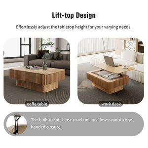 English Elm 38.6'' Fluted Lift-top Coffee Table with Hidden Storage Adjustable Modern Matte Surface Natural Wood W1435P293218
