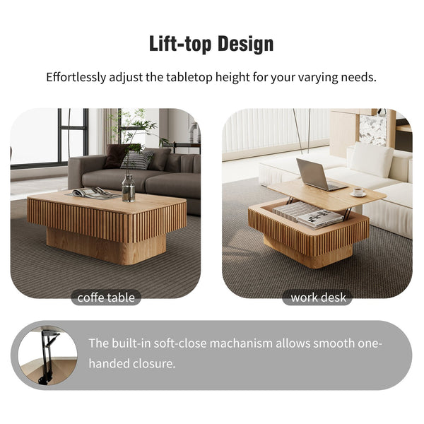 English Elm 38.6'' Fluted Lift-top Coffee Table with Hidden Storage Adjustable Modern Matte Surface Natural Wood W1435P293218