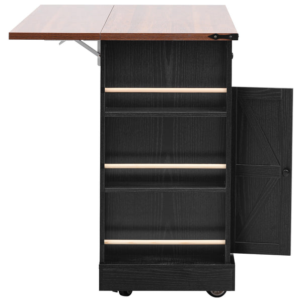 English Elm K&k Farmhouse Rolling Kitchen Island with Drop Leaf Tempered Glass Drawers and Power Outlet Black N707S263637B