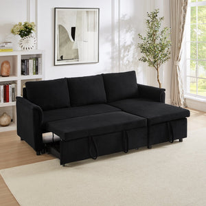English Elm Loveseat Sectional Sleeper Sofa with Corduroy Tufted Upholstery Storage Chaise Reclining Black W2186S00011