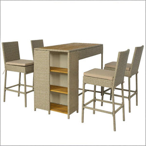 English Elm Garden Dialogue Acacia and Wicker Outdoor Bar Set with Four Tucking Barstools Beige+Brown,Natural Wood T3971S00205