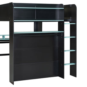 English Elm Full Size Gaming Bunk Bed with Rgb Lighting Integrated Desk Wardrobe and Storage Blue LT100266AAC