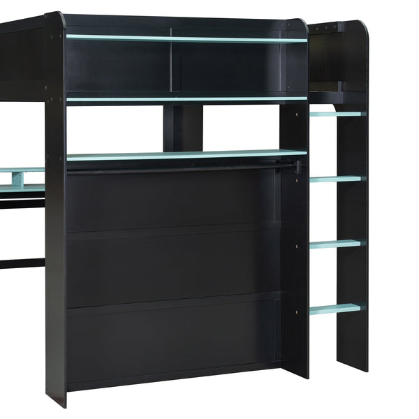 English Elm Full Size Gaming Bunk Bed with Rgb Lighting Integrated Desk Wardrobe and Storage Blue LT100266AAC