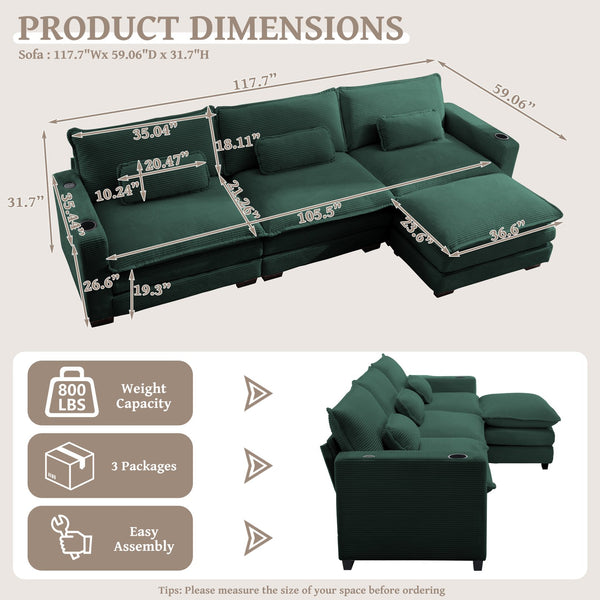 English Elm L Shape Sofa Couch With Usb Ports & Cup Holders, Stylish Green Corduroy 3-Seater & Storage Ottoman W2100S00183