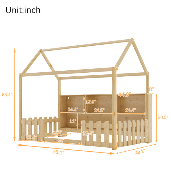 English Elm Twin House Bed with LED Light and Built-In Bookshelf, Solid Wood Playhouse Design for Kids Safety Natural 78.15 L x 15.75 W x 6.1 H W2593P269092