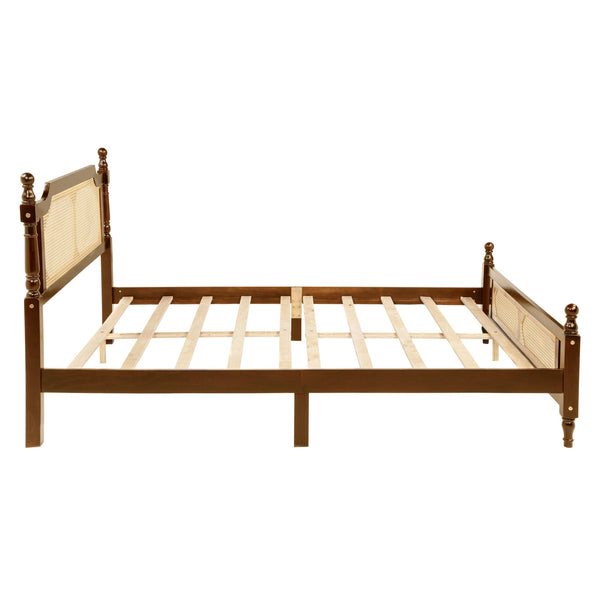 English Elm Queen Pine Bed with Rattan Headboard & Footboard, Walnut Finish, Space-Saving Central Platform Design W504P269833