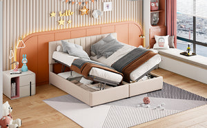 English Elm King Upholstered Hydraulic Storage Bed with Vertical Stripe Headboard, Linen Upholstery, 660lb Capacity Beige SF000285AAA