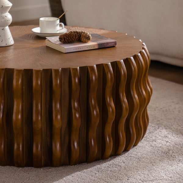 English Elm Drum Fluted Round Coffee Table - Mid-Century Modern Design, Sturdy Wood Construction, No Assembly! W3158P355668