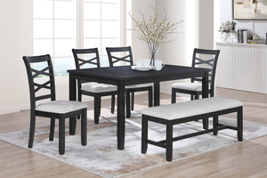 English Elm Dining 6pc Charcoal Dining Set with Bench & 4 X‑Back Cushioned Chairs, Rubberwood Rectangular Table B011S01923