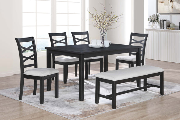 English Elm Dining 6pc Charcoal Dining Set with Bench & 4 X‑Back Cushioned Chairs, Rubberwood Rectangular Table B011S01923