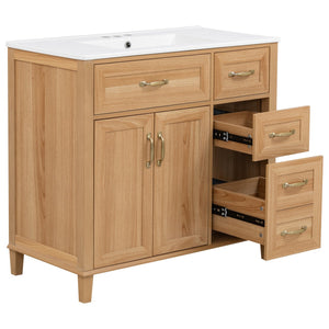 English Elm [video] 36 Inch Freestanding Bathroom Vanity with Ceramic Sink and Soft Close Storage N759P395344N