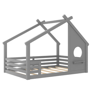 English Elm Twin House Bed Low Profile Pine Wood Frame with Shelf Montessori Kids Floor Sleeping Gray W5305P429646
