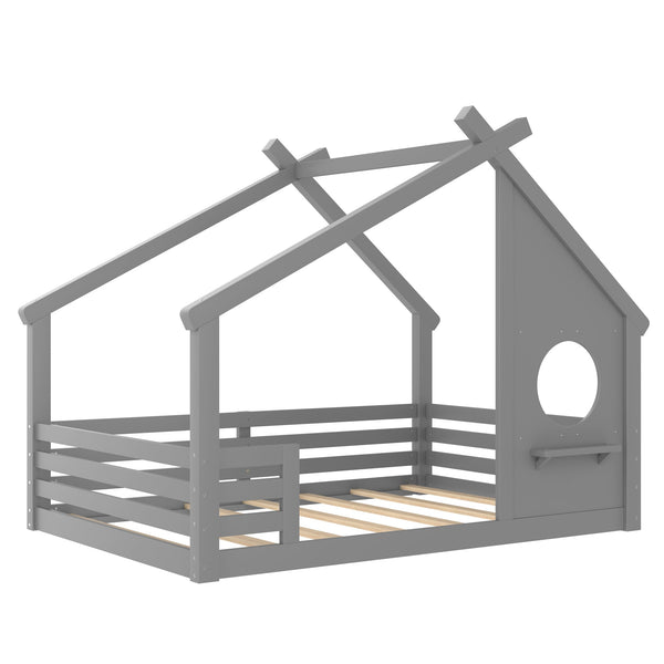 English Elm Twin House Bed Low Profile Pine Wood Frame with Shelf Montessori Kids Floor Sleeping Gray W5305P429646