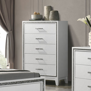 English Elm Contemporary Chic Chest with Gold Accents, Acrylic Trim, Metal Bracket Legs and Dust‑Proof Drawers White 21 L x 35 W x 49 H B2741P372211