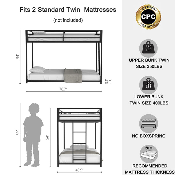 English Elm Adam Twin over Twin Bunk Bed Metal Black with Full Guardrails, Easy Assemble Slats & Floor Protectors B083P152996