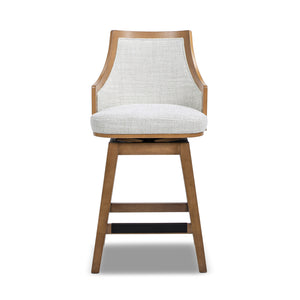 English Elm Jennifer Taylor Home - Bahama 26" Cane Rattan High-Back Swivel Counter Stool — Handmade Rubberwood, Two-Tone Gray Wool-Poly Blend, Brass Footrest B2719P395569